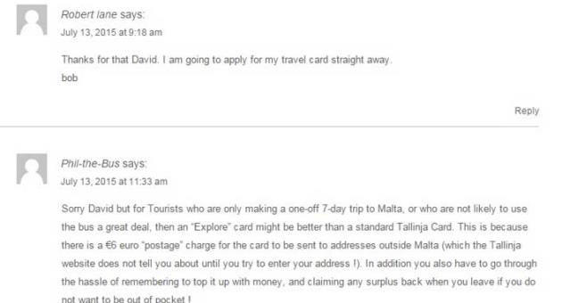 The howtomalta.com website story on the tallinja card for tourists has attracted a number of messages from readers, including one making reference to the €6 postal charge
