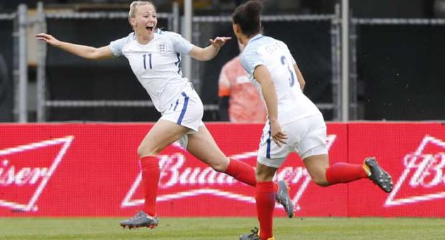 England's Toni Duggan, left, celebrates her goal against France during the first half of a SheBelieves Cup women's soccer match Thursday, March 1, 2018, in Columbus, Ohio. (AP Photo/Jay LaPrete)