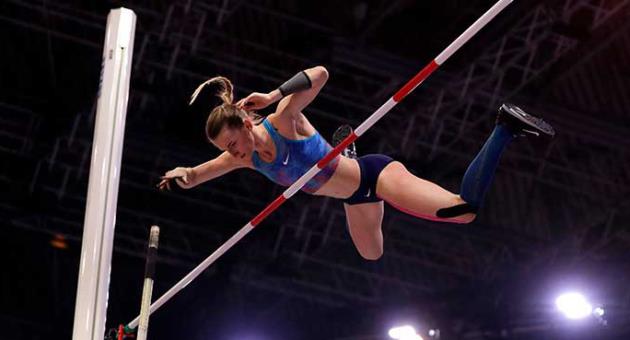 Russia's Anzhelika Sidorova makes an attempt in the women's pole vault final at the World Athletics Indoor Championships in Birmingham, Britain, Saturday, March 3, 2018. (AP Photo/Matt Dunham)