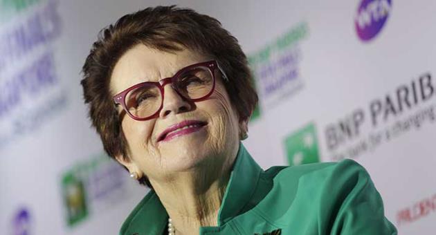 Billie Jean King, founder of the Women's Tennis Association (WTA) and former World No. 1 professional tennis player, listens to questions at an event organized by the WTA to launch the last edition of the WTA Finals in Singapore, before it moves to Shenzhen in 2019, as well as to commemorate International Women's Day on Thursday, March 8, 2018, in Singapore. (AP Photo/Wong Maye-E)