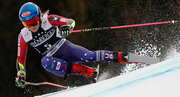 United States' Mikaela Shiffrin speeds down the course during an alpine ski, women's World Cup giant slalom, in Ofterschwang, Germany, Friday, March 9, 2018. (AP Photo/Gabriele Facciotti)