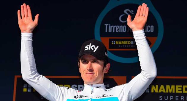 Geraint Thomas, of Britain, celebrates taking the blue jersey as overall leader after the 3rd stage of the Tirreno-Adriatico cycling race, from Follonica to Trevi, Italy, Friday, March 9, 2018. (Dario Belingheri/ANSA via AP)