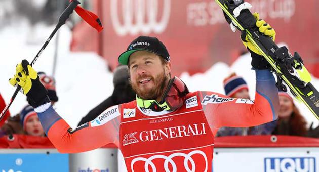 Norway's Kjetil Jansrud celebrates after winning an alpine ski, men's World Cup super-G, in Kvitfjell, Norway, Sunday, March 11, 2018. (AP Photo/Alessandro Trovati)