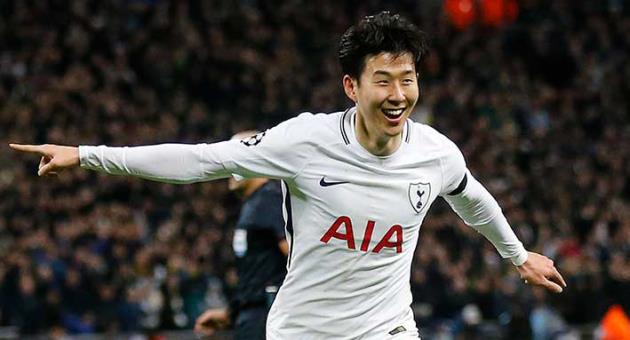 Tottenham's Son Heung-min celebrates after scoring the opening goal during the Champions League, round of 16, second-leg soccer match between Juventus and Tottenham Hotspur, at the Wembley Stadium in London, Wednesday, March 7, 2018. (AP Photo/Frank Augstein)