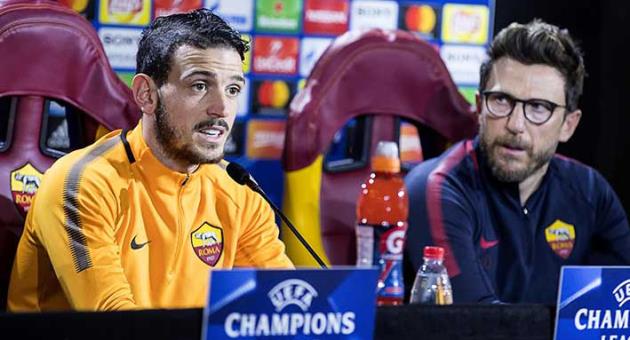 Roma coach Eusebio Di Francesco, right, and midfielder Alessandro Florenzi attend a press conference ahead of Tuesday's Champions League round of 16 second-leg soccer match against Shakhtar Donetsk, in Rome, Monday, March 12, 2018. (Angelo Carconi/ANSA via AP)