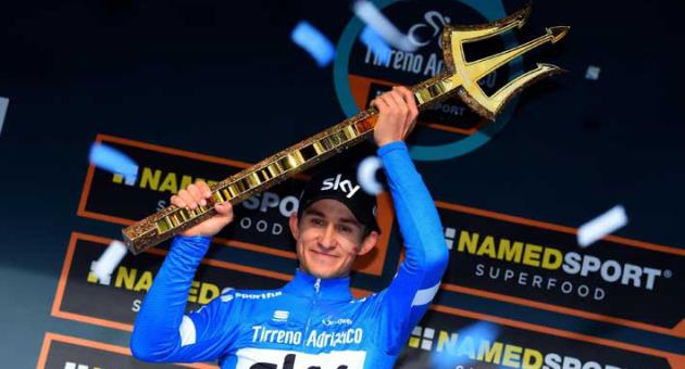 Poland's Michal Kwiatkowski celebrates on the podium after winning the Tirreno Adriatico cycling race, in San Benedetto del Tronto, Italy, Tuesday, March 13, 2018. (Dario Belingheri/ANSA via AP)