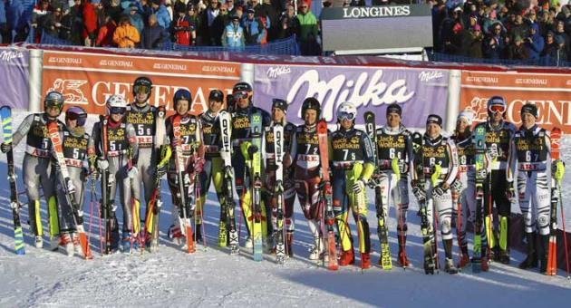 From left, second placed France, first placed Sweden and third placed Germany pose at the end of the Team Event, at the alpine ski World Cup finals in Are, Sweden, Friday, March 16, 2018. (AP Photo/Marco Trovati)