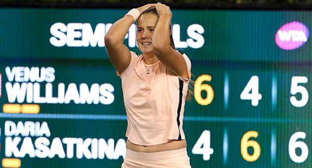 Daria Kasatkina, of Russia, reacts after defeating Venus Williams, of the United States, 4-6, 6-4. 7-5 during the semifinals at the BNP Paribas Open tennis tournament Friday, March 16, 2018, in Indian Wells, Calif. (AP Photo/Mark J. Terrill)