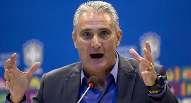 Brazil's soccer coach Tite gives a press conference in Rio de Janeiro, Brazil, Monday, March 12, 2018. With Neymar out injured, Tite has brought in Real Sociedad striker Willian Jose for upcoming friendlies against Russia and Germany. (AP Photo/Silvia Izquierdo)