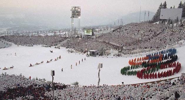 In this Feb. 12, 1994, file photo, the Olympic rings are formed on the ski jumping slope in Lillehammer, Norway, during the opening ceremonies for the 1994 Lillehammer Olympics. The Norwegian ski resort of Lillehammer, widely regarded as the most popular Winter Olympics, may bid again. (AP Photo/Katsumi Kasahara, File)