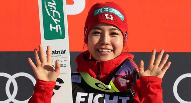 Japan's Sara Takanashi celebrates after she won the Ladies' Ski Jumping World Cup in Oberstdorf, Germany, Saturday, March 24, 2018. (Karl-Josef Hildenbrand/dpa via AP)