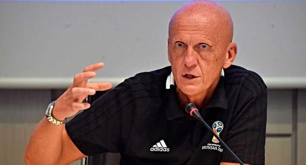 UEFA chief refereeing officer Pierluigi Collina talks during a meeting to explain how the VAR (Video assistant referee) will be used at the World Cup, at the Coverciano sports center, near Florence, Italy, Wednesday, April 18, 2018. (Maurizio Degl'Innocenti/ANSA via AP)