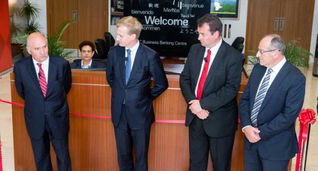 HSBC Malta Chairman Sonny Portelli (1st left) addressing the guests at the official opening of the revamped Corporate Banking Centre, in the presence of Andrew Beane, HSBC Head of Commercial Banking for Continental Europe, Andrew C. Wild and Michel Cordina