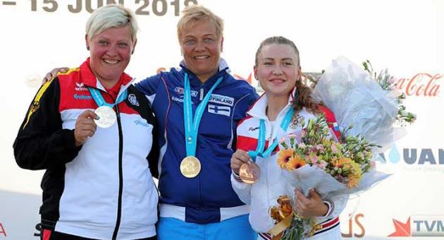 (L-R) Katrin Quooss from Germany, who won Silver, Gold medallist Satu Makela-Nummela from Finland and Ektarina Rabaya from Russia who won the Bronze medal after the Trap Women Final at the ISSF World Cup Shotgun 2018 in Malta. Photo: Domenic Aquilina