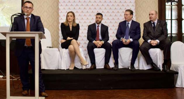 Virtual Currency panel moderated by Omar Cascun Head of Fund Administration Apex Malta.  Lucienne Pace Ross, Partner, PWC Malta; Elton Dimech Sparkasse Bank;  Sean Fitzgerald CEO, AK Jensen Investment Management and Nicholas Warren, Chetcuti Cauchi