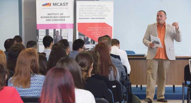 Course lecturer, Thomas J. Dimech, delivering his talk during a co-lecturing seminar held for first-year students on the BA Business Enterprise course within the Institute of Business Management and Commerce at MCAST