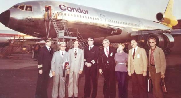Roland Cassar, second from left, delivering a McDonnell Douglas DC-10 to Condor, then part of the Lufthansa network.  Roland was responsible for the structural design criteria of the DC-10 along with marketing it to foreign airlines.