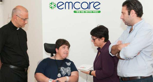 From left: Father Martin Micallef, Director of Id-Dar ta-Providenza, Christine Borg, Resident at Akkwarell, Anna Bowman, Innovations and Implementation Manager at emCare and Roland Cachia, General Manager at emCare. 