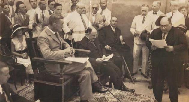 Five years later, Dr Carmelo Mifsud Bonnici is shown in this photo reading his speech on the occasion of the unveiling of a plaque to commemorate Sir Walter Scott’s visit to Malta.   Listening in the first row from left to right: Sir Harry Luke, Lieutenant Governor; Sir David Campbell, Governor; Sir Ugo Mifsud, Prime Minister and Dr Enrico Mizzi, Minister of Public Instruction. 