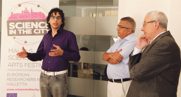 Dr Edward Duca giving details about Science in the City 2015 event to be held on 25 September in Valletta, in the presence of Wilfred Kenely and Prof. Alex Felice