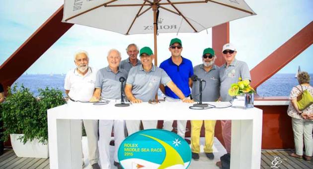 Malcolm Lowell, Managing Director, Edwards Lowell, as well as Peter Valentino Chairman of the Rolex Middle Sea Race International Jury seen here with the commentators that kept guests fully informed during this year’s start of race.
