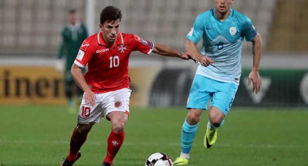 Luke Gambin, here in the Malta jersey against Slovenia, has now joined Luton Town from Barnet