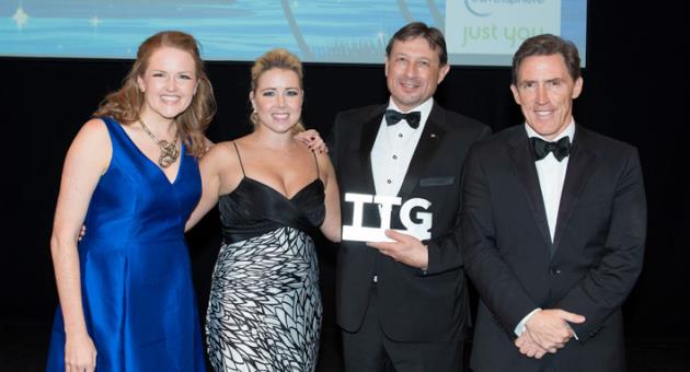 (from left to right): Pippa Jacks – Editor of Travel Trade Gazette, Polly Poulton from Travelsphere & Just You Holidays (sponsor), Peter Vella – MTA Director UK and Ireland, and Rob Brydon – comedian and host.