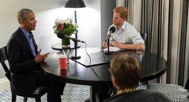 In this undated photo issued on Sunday Dec. 17, 2017 by Kensington Palace courtesy of the Obama Foundation, Britain's Prince Harry, right, interviews former US President Barack Obama as part of his guest editorship of BBC Radio 4's Today programme which is to be broadcast on the December 27, 2017. 