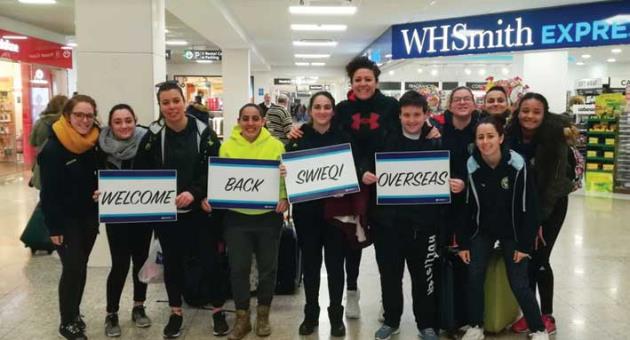 Swieqi Overseas women’s rugby team on their arrival from Athens on Tuesday.
