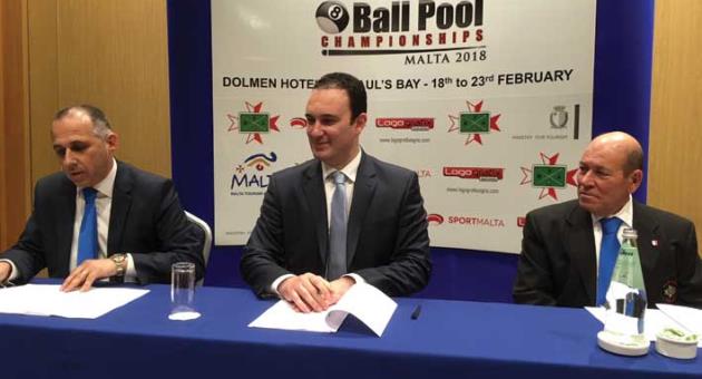 From left, Vince Degiorgio, director of the championship, Dr Clifton Grima, Parliamentary Secretary responsible for Sport, and Carmel Cilia, Malta Pool Association president