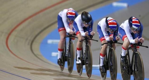 Team Britain competes during the first round of the women's team pursuit at the World Championships Track Cycling in Apeldoorn, eastern Netherlands, Netherlands, Thursday, March 1, 2018. (AP Photo/Peter Dejong)