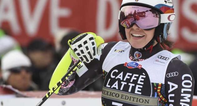 Liechtenstein's Tina Weirather reacts after completing an alpine ski, women's World Cup super-G, in Crans Montana, Switzerland, Saturday, March 3, 2018. (AP Photo/Marco Tacca)
