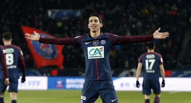 PSG's Angel Di Maria celebrates after scoring his side's opening goal during the French Cup soccer match between Paris Saint-Germain and Marseille at the Parc des Princes Stadium, in Paris, France, Wednesday, Feb. 28, 2018. (AP Photo/Thibault Camus)