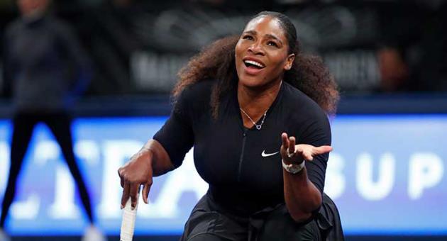 Serena Williams of the United States reacts as a call goes against her and to opponent Zhang Shuai of China during the Tie Break Tens tournament at Madison Square Garden, Monday, March 5, 2018 in New York. Zhang defeated Williams to advance to the final round in the tournament but was defeated by Elina Svitolina. The Tie Break Tens' New York event is a one-day day exhibition tournament featuring eight female players competing for a $250,000 winner's prize. (AP Photo/Kathy Willens)