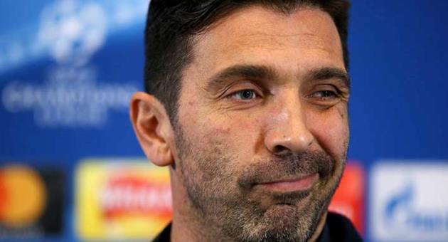 Juventus captain Gianluigi Buffon attends a press conference at Wembley Stadium, London, Tuesday, March 6, 2018. Juventus will play a Champions League round of 16 second leg soccer match against Tottenham Hotspur on Wednesday, March 7. (Steven Paston/PA via AP)
