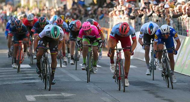 Germany's Marcel Kittel, 3rd from right, sprints to win the 6th stage of the Tirreno-Adriatico cycling race, from Numana to Fano, Italy, Monday, March 12, 2018. (Dario Belingheri/ANSA via AP)
