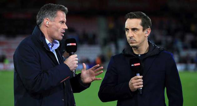 In this file photo dated Sept. 15, 2017, Sky Sports commentators Jamie Carragher, left, and Gary Neville, at Bournemouth, England. Former Liverpool defender Jamie Carragher was suspended as a soccer analyst by the Sky television network on Monday March 12, 2018, after being filmed spitting in the direction of a 14-year-old girl through his car window. (John Walton/PA via AP)
