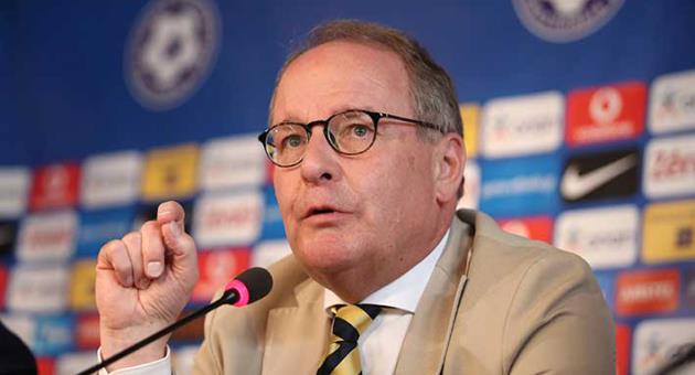 Austrian Herbert Huebel, chairman of the FIFA monitoring committee for the Hellenic Football Federation answers a question during a press conference in Athens, Wednesday, March 14, 2018. FIFA has sent a delegation to Greece to discuss the country's soccer crisis, after the government indefinitely suspended top league matches. The suspension followed a pitch invasion by the gun-toting owner of PAOK Thessaloniki Sunday after a late goal for his team was disallowed by the referee. (AP Photo/Petros Giannakouris)
