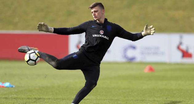 England goalkeeper Nick Pope attends a training session at St George's Park, Burton, England, Tuesday March 20, 2018. (Mike Egerton/PA via AP)