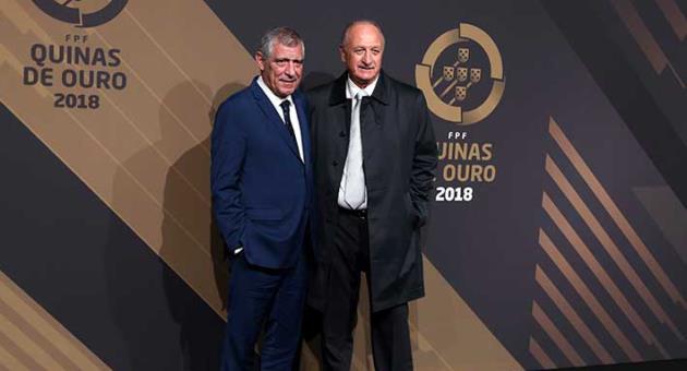Portugal national team coach Fernando Santos and Brazilian coach Luis Felipe Scolari, right, arrive for the Portuguese soccer federation awards ceremony Monday, March 19, 2018, in Lisbon. (AP Photo/Armando Franca)
