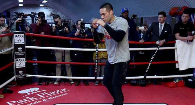New Zealand's heavyweight boxer Joseph Parker during the training session at the Hayemaker Gym in Vauxhall, London Friday March 23, 2018. Parker will fight Britain's World Heavyweight boxing champion Anthony Joshua in a title bout in Cardiff next week. (John Walton/PA via AP)