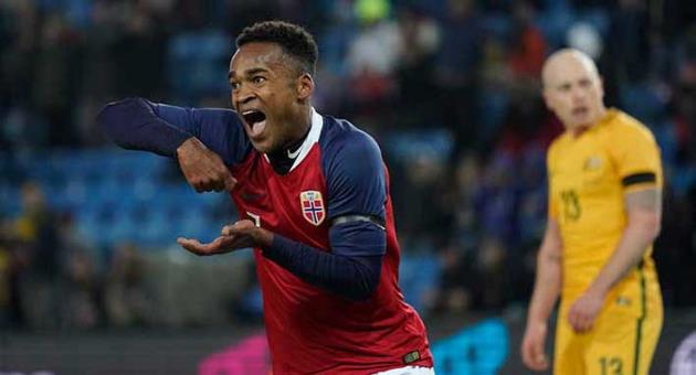 Ola Kamara of Norway celebrates after scoring his third of Norway's four goals, in action during their friendly soccer match, in Oslo, Norway, Friday March 23, 2018. (Cornelius Poppe/NTB scanpix via AP)