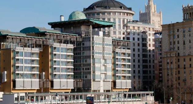 The British Embassy building, foreground, with the Russian Foreign Ministry building, background right, in Moscow, Russia, Friday, March 30, 2018