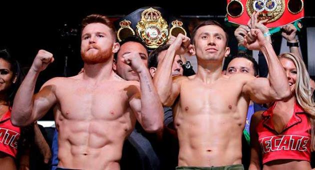 In this Sept. 15, 2017, file photo, Canelo Alvarez, left, and Gennady Golovkin pose during a weigh-in in Las Vegas. Alvarez has withdrawn from his planned middleweight title fight with Golovkin, the latest result from Alvarez testing for a banned substance. The fight on May 5 in Las Vegas was to be a rematch of the draw they fought last September. (AP Photo/John Locher, File)