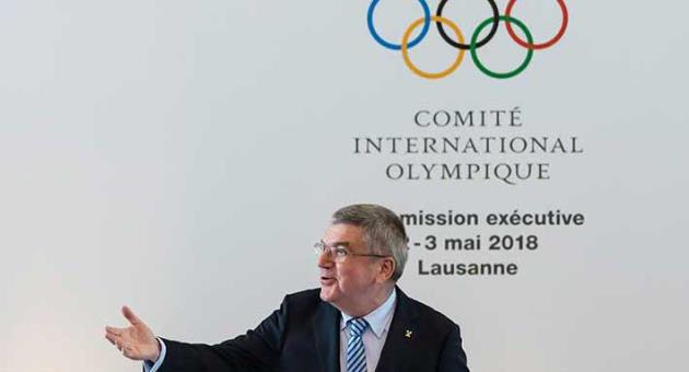 International Olympic Committee, IOC, President Thomas Bach from Germany, reacts prior to the opening of the International Olympic Committee, IOC, executive board meeting, in Lausanne, Switzerland, Wednesday, May 2, 2018. (Jean-Christophe Bott/KEYSTONE via AP)