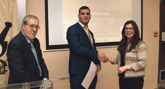 Dr Maurice Zarb Adami, chair of the adjudicating panel, Stefan Cassar and Professor Lilian M. Azzopardi, head, Department of Pharmacy of the University of Malta