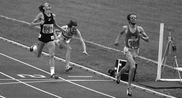 In this July 30, 1976, file photo, Finland's Lasse Viren, right, sprints over the finish line to win the gold medal in the Olympic men's 5,000 meters final ahead of New Zealand's Dick Quax, left, and West Germany's Klaus Hildenbrand at the Montreal Olympics in Montreal, Canada. Quax died on Monday, May 28, 2018 at the age of 70 after a long battle with cancer. Regarded as one of his country's greatest runners, Quax won a silver medal in the 5,000 meters at the 1976 Olympics and also set a world record for the distance. (AP Photo, File)