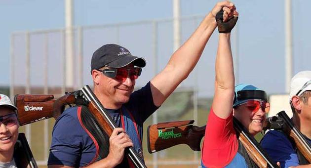 The Slovakian couple of Eric Varga and Zuzana Rehak Stefecekova celebrate winning the gold medal after the Trap Mixed Event Final at the ISSF World Cup Shotgun 2018 in Malta. Photo: Domenic Aquilina
