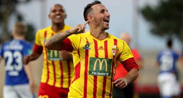 Michael Mifsud of Birkirkara celebrates scoring against KI Klaksvik. Photos: Domenic Aquilina
