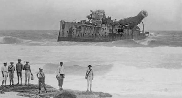 Emden seen here beached on Cocos Island after being shelled by the Australian Warship Sydney (November 1914)